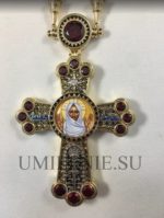 Крест наперсный серебряный в позолоте с финифтью и цепью (h 125 мм.)