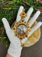 Панагия латунная в позолоте с финифтью с цепью (h 175 мм.) — изображение 4