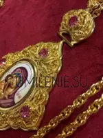Панагия латунная в позолоте с вставками с цепью (финифть) — изображение 3