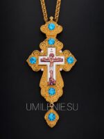 Крест наперсный латунный в позолоте с цепью, с фианитами и жемчугом, высота 155 мм (арт. 01690) — фото 5